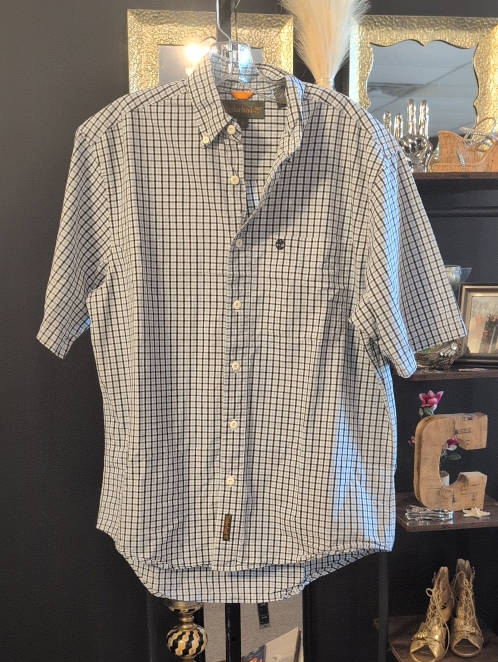 Timberland Blue and White Short-Sleeve Checked Button-Down Shirt